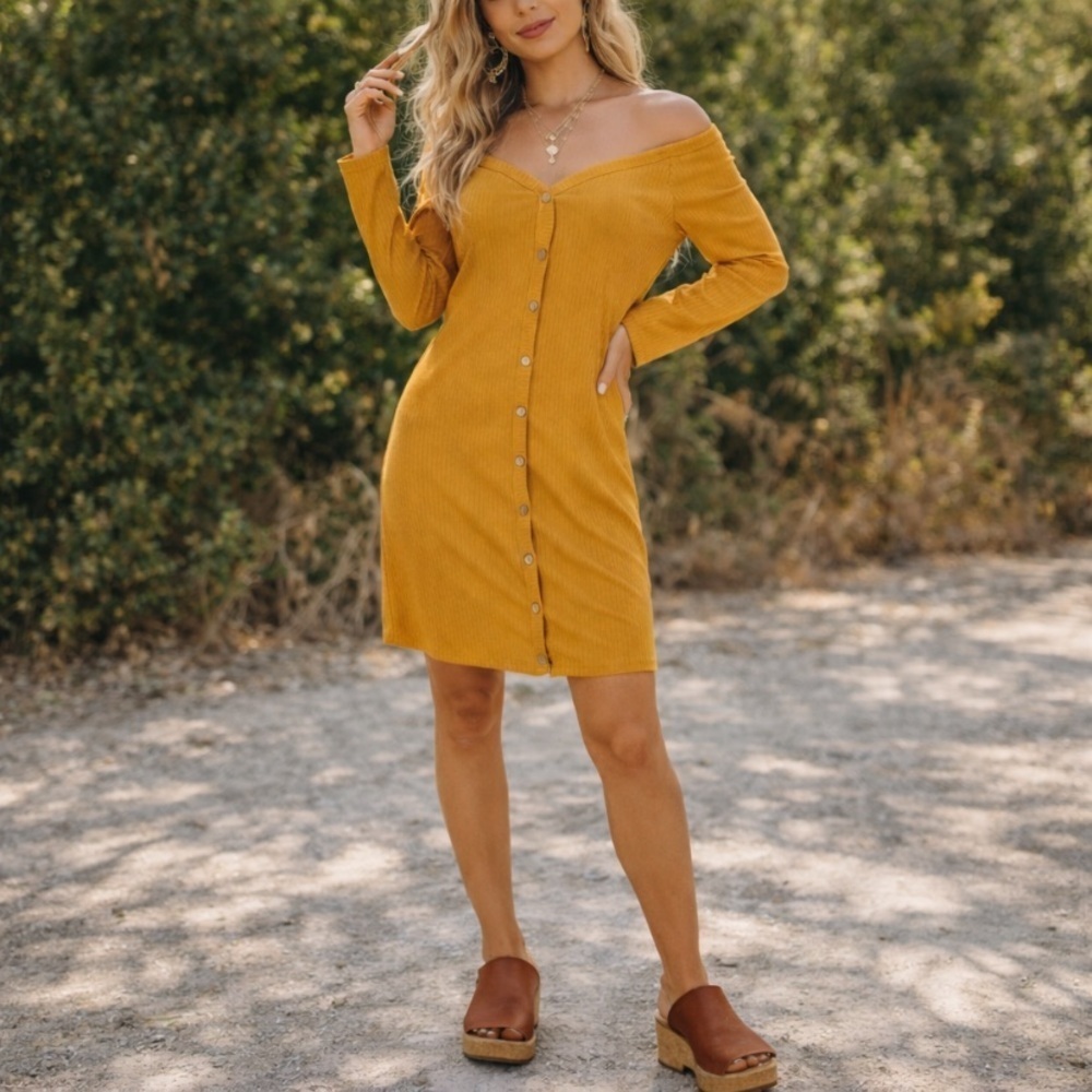 Iris Mustard Yellow Ribbed Boho Retro Long Sleeve Off The Shoulder Dress Size 3X